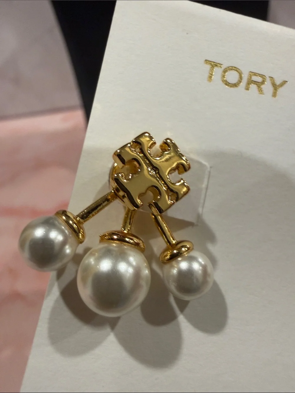 Tory Burch | Gold Plated Logo Earrings with Pearl Drop 3D Backs | Small